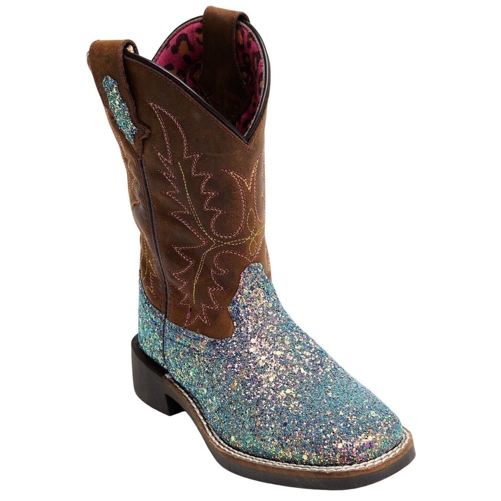 Shyanne Kids Multi Color Glitter Western Boots Brown Square Toe Bling Size 3 D
